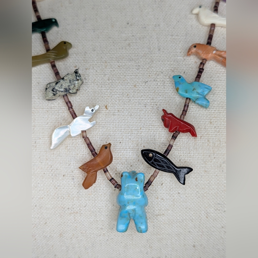 Vintage Sterling Silver & Multi-Stone Fetish Necklace - Turquoise Bear - Picture 2 of 11